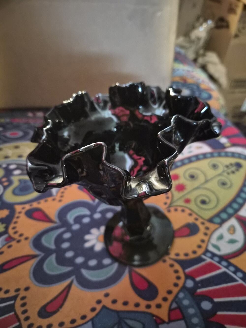 Vintage Fenton Pedestal Compotevin Black Amethyst Glass With The Thumbprint...